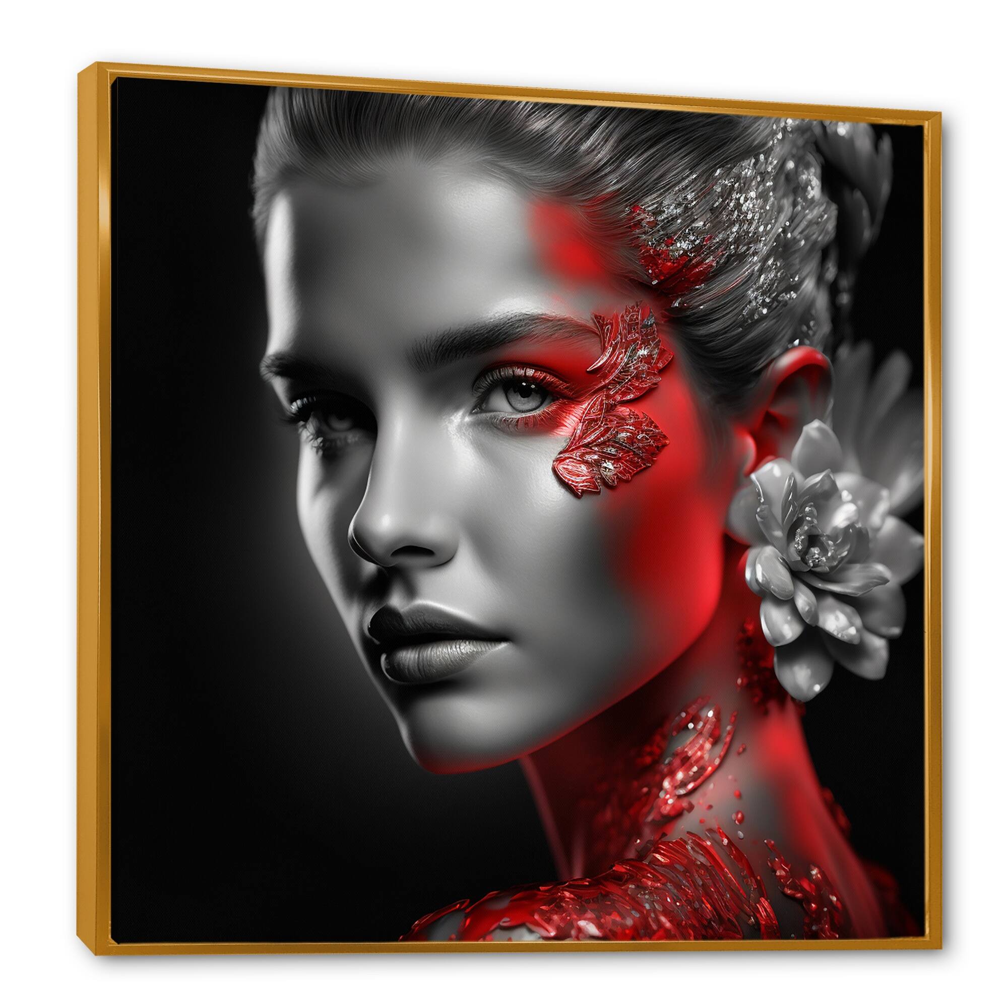 Designart "Vintage Stylish Red Ornated Lady" Fashion Woman Framed